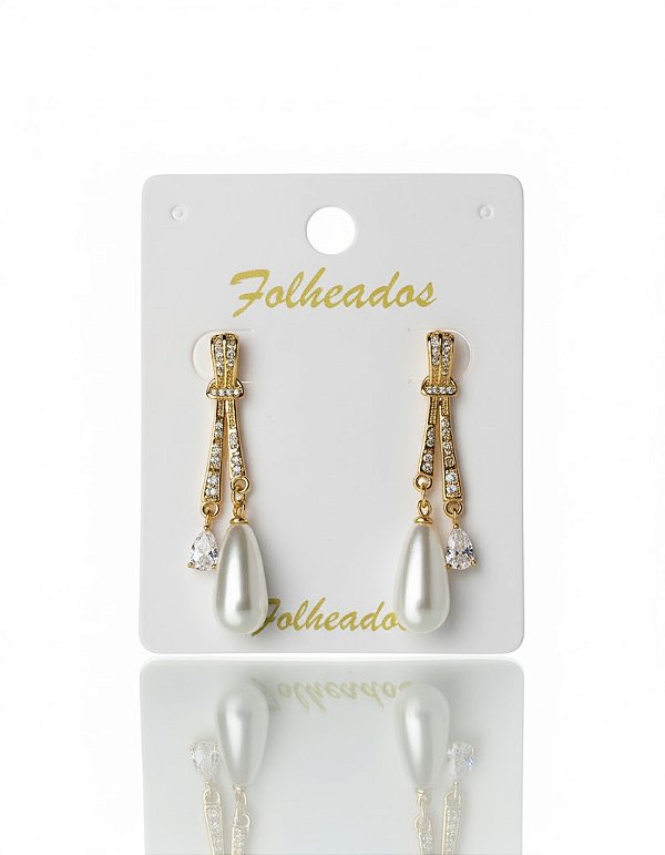 Brinco Gota Alongada Pérola Folheado a Ouro