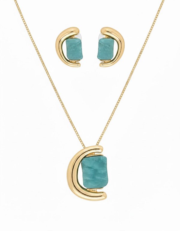 Conjunto Dourado com Pedra Azul Bijuteria