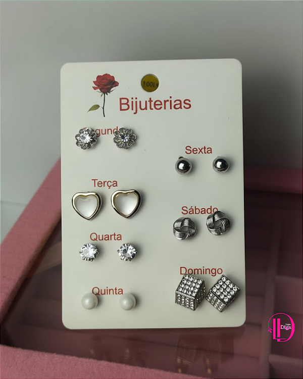 Cartela Semaninha c/ 7 Pares de Brincos Prata