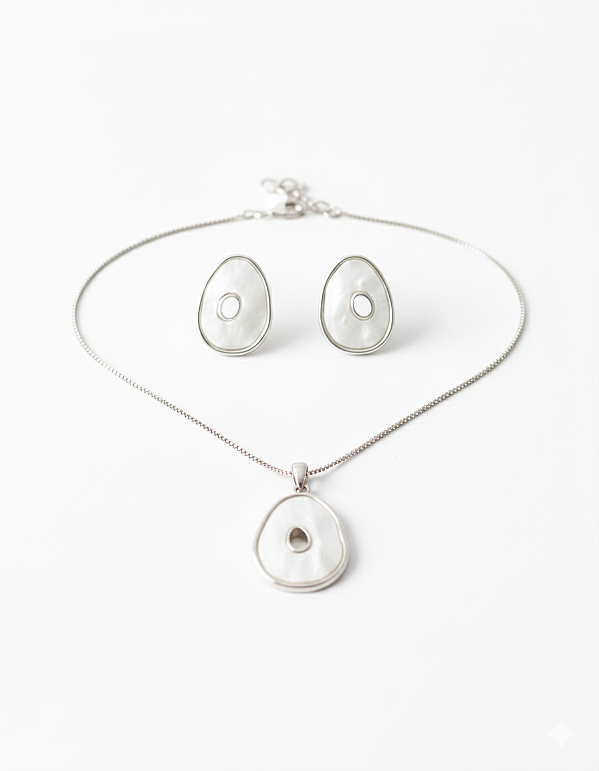 Conjunto Colar e Brinco Folheado com Design Oval e Madrepérola