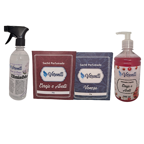 Combo - 1 Sabonete Cereja e Avelã + 2 Sachê Perfumado Veneza e Cereja e Avelã + 1 EliminOdor Aroma do Campo