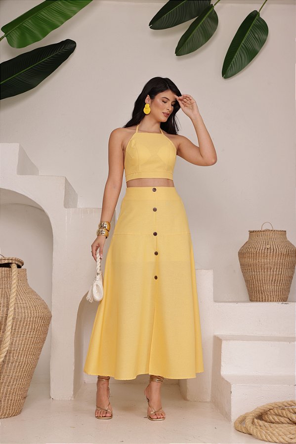 Saia Longa Em Linho Com Botão e Fenda Na Frente