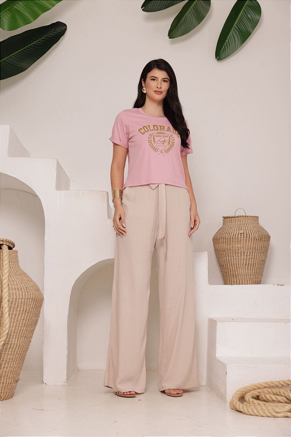 Calça Pantalona Viscolinho Com Laço Na Frente Cintura Elasticado