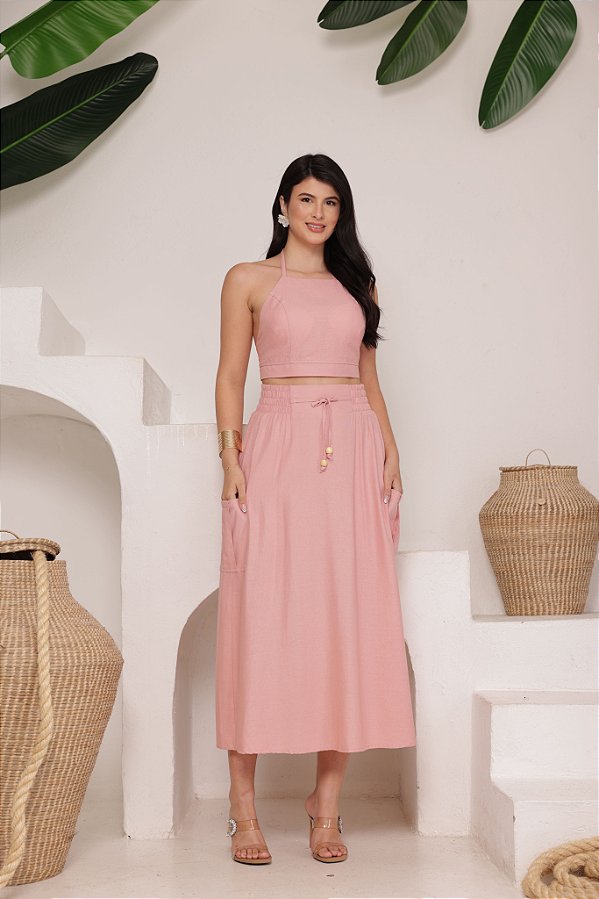 Saia Cargo Linho Com Cintura Elasticado e Fita Regulador