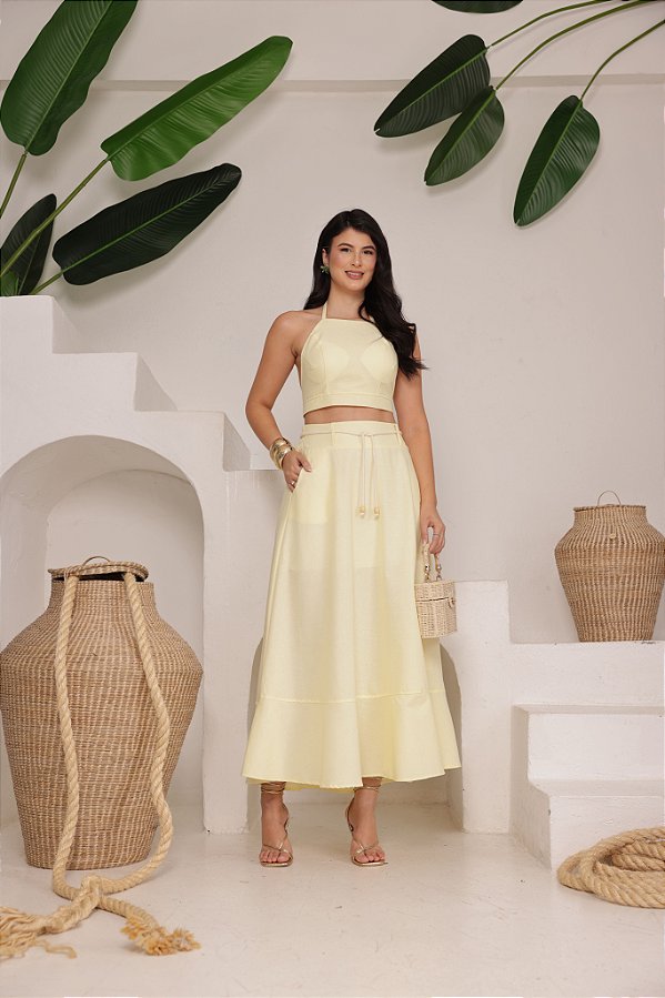 Saia Longa Em Linho Com Cordão Cintura Elasticado e Bolsos Laterais