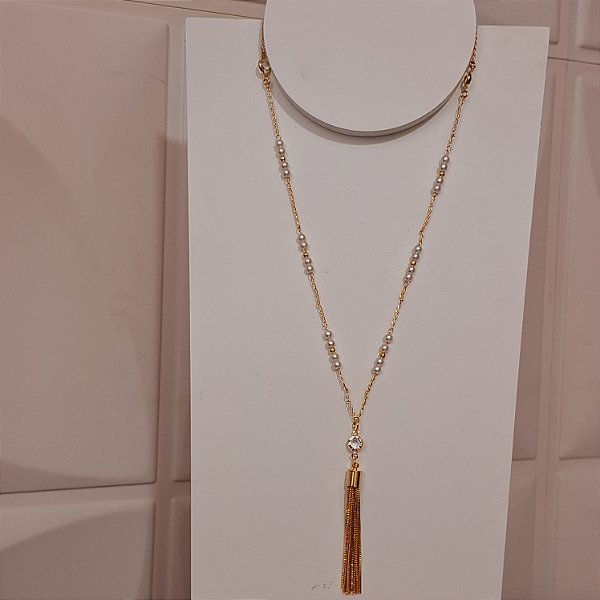 Colar pérolas dourado com franja
