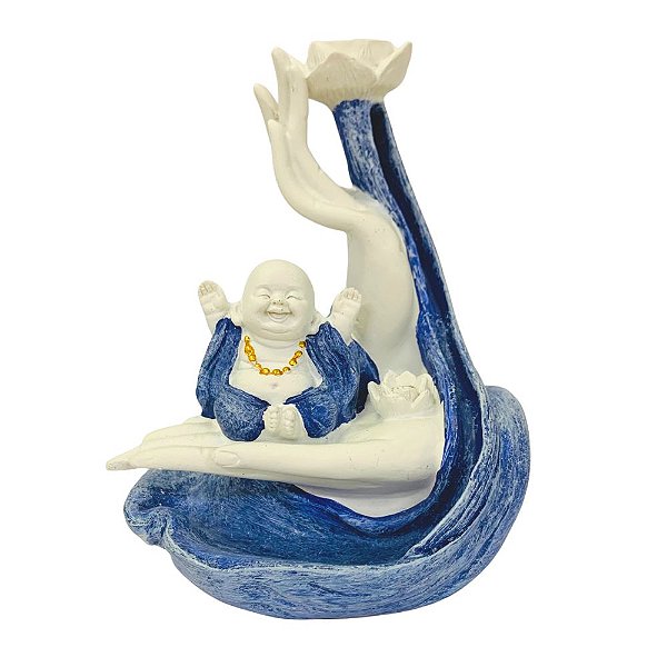 Incensário Cascata Buda Alegria Azul/Branco 15cm