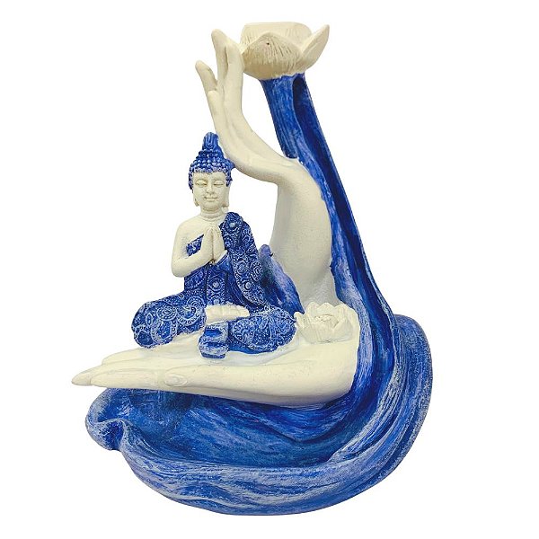 Incensário Cascata Buda Zen Mão Azul/Branco 15cm