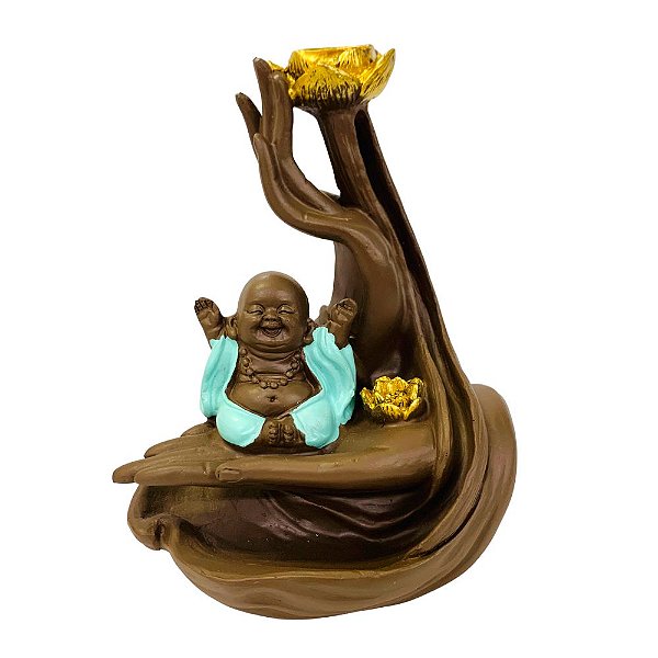 Incensário Cascata Buda Alegria Marrom/Azul 15cm **