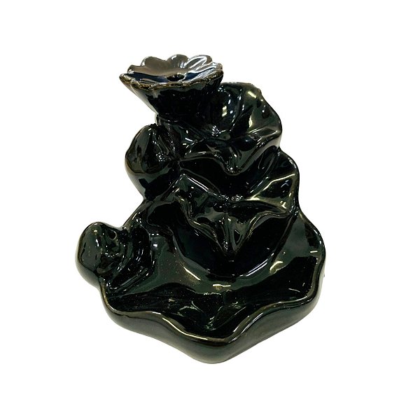Incensário Cascata Preto Flor de Lótus Aberta - Cerâmica