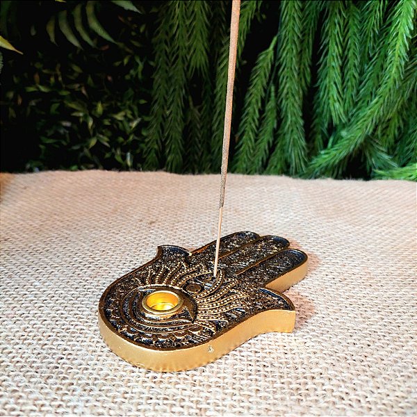 Incensário Resina Mão Hansa Dourado Com Olho e Flor de Lótus **