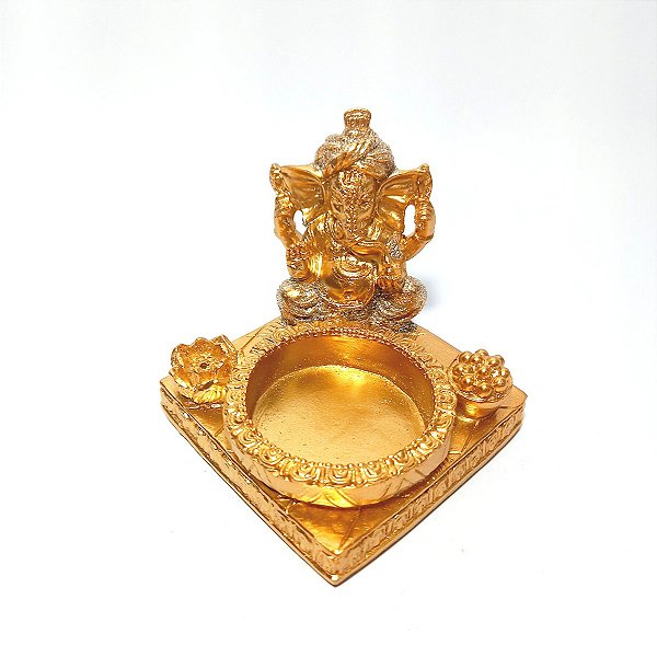 Porta Vela/Incensário em Resina Ganesha Dourado Com Brilho 8cm