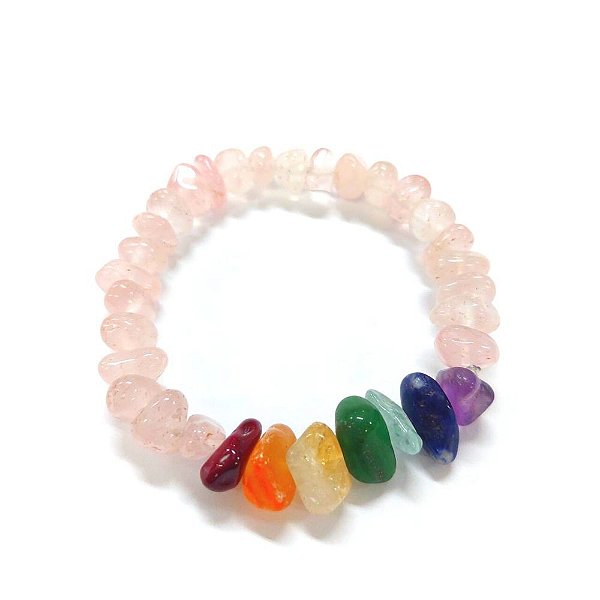 Pulseira Pedra Cascalho 07 Chakras - Quartzo Rosa