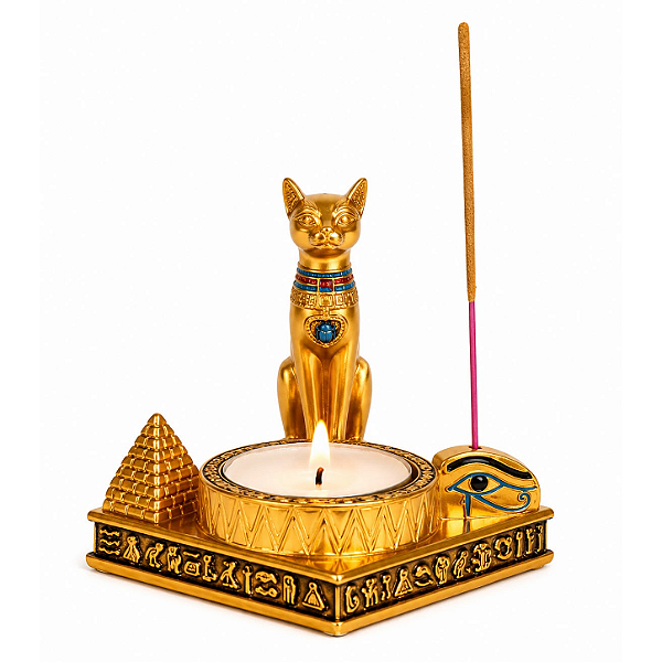 Porta Vela/Incensário Dourado Gata Bastet em Resina 8cm