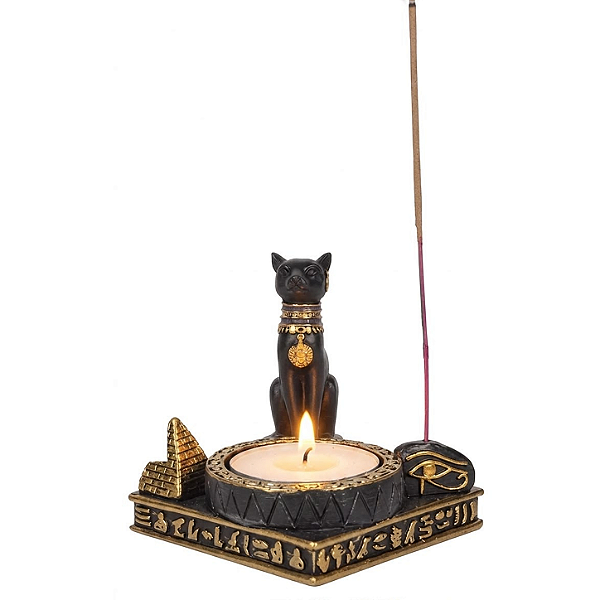 Porta Vela/Incensário Escuro Gata Bastet em Resina 8cm