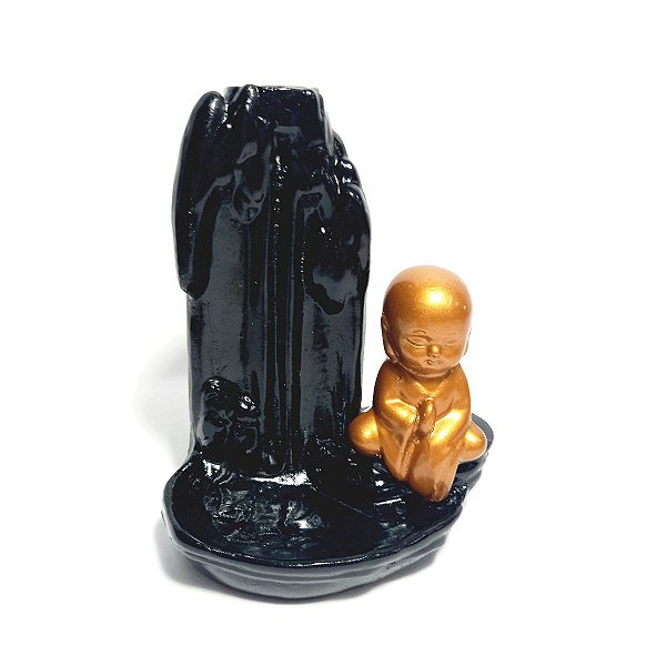 Incensário Cascata Monge Dourado Meditando Lado Direito 13cm