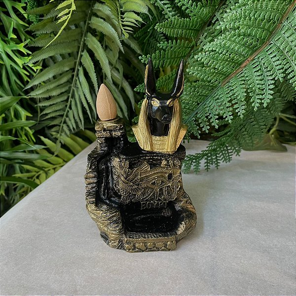 Incensário Cascata Anúbis Preto Com Dourado - Resina