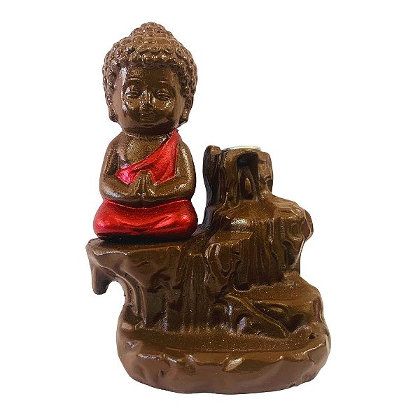 Incensário Resina Cascata Buda Meditando Vermelho 10cm 02