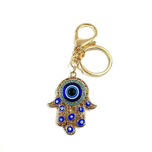 Chaveiro em Metal Dourado - Olho Grego com Brilhos Azul