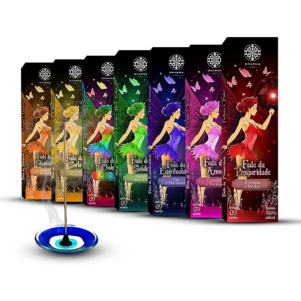 Kit - 7 Incensos Dharma Vareta Natural Linha Fadas + Incensário Olho Grego