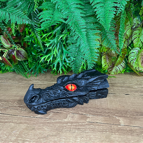 Incensário Cabeça de Dragão Preto em Resina com 24cm