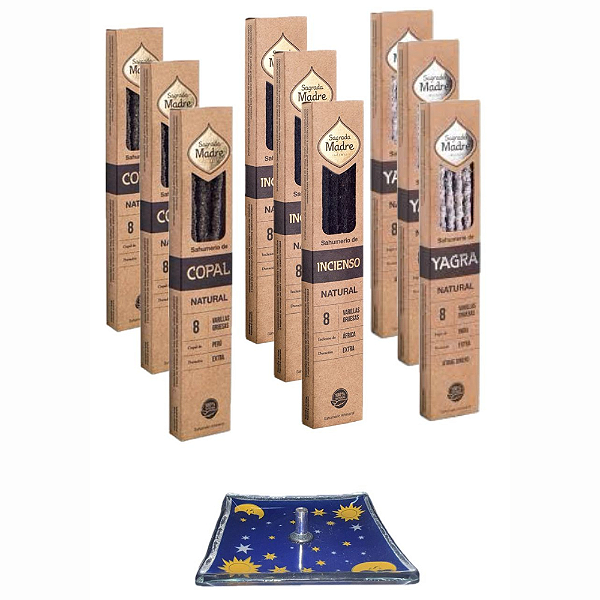 Kit Promocional Sagrada Madre com 9 Incensos + Incensário de Vidro