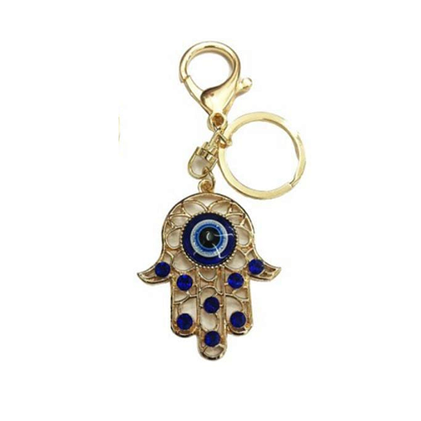 Chaveiro em Metal Dourado Mão Hamsã Azul