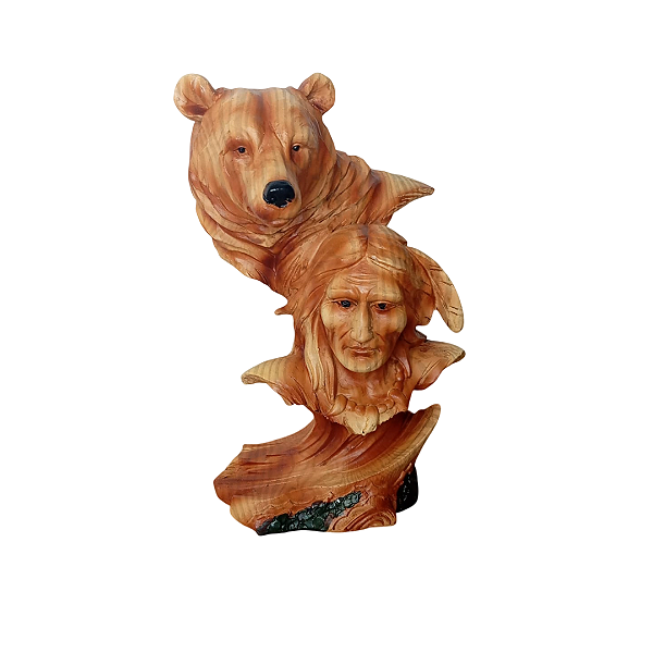 Estátua de Madeira Índio Xamã e Urso - 19cm