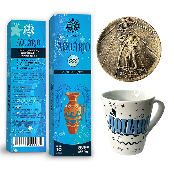 Kit Signo Aquário - 1 Caneca, + 1 Incensário, + 1 Incenso