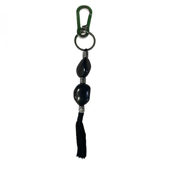 Chaveiro Pedra Rolada Prata Obsidiana 24cm - Tassel