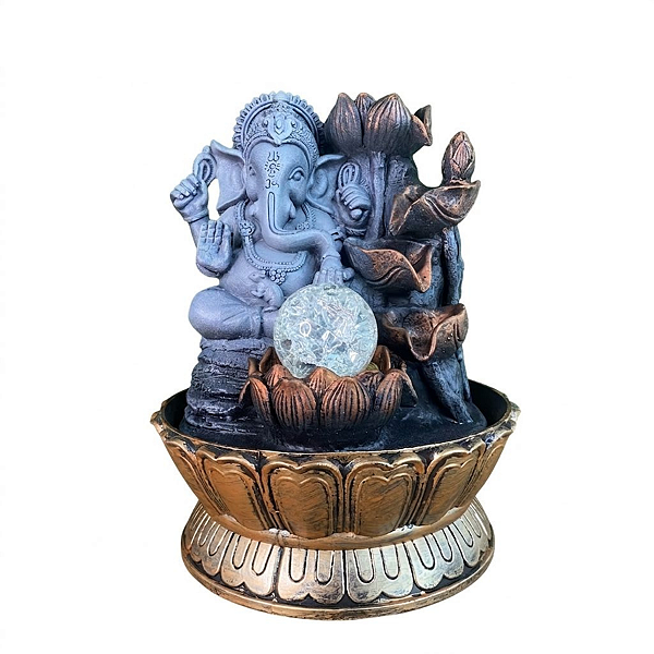 Fonte de Água em Resina Ganesha Cinza 4 Quedas Com Bola M - 25007