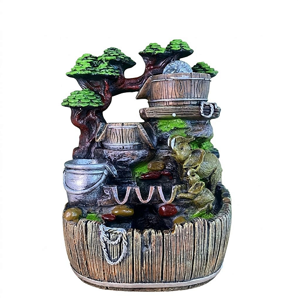 Fonte de Água em Resina Paisagem Barril e Elefantes 6 Quedas Com Bola G - 26225