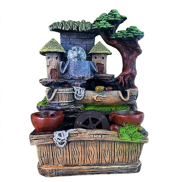 Fonte de Água em Resina Paisagem Com Casinhas de Madeira Bola 4 Quedas G - 26227