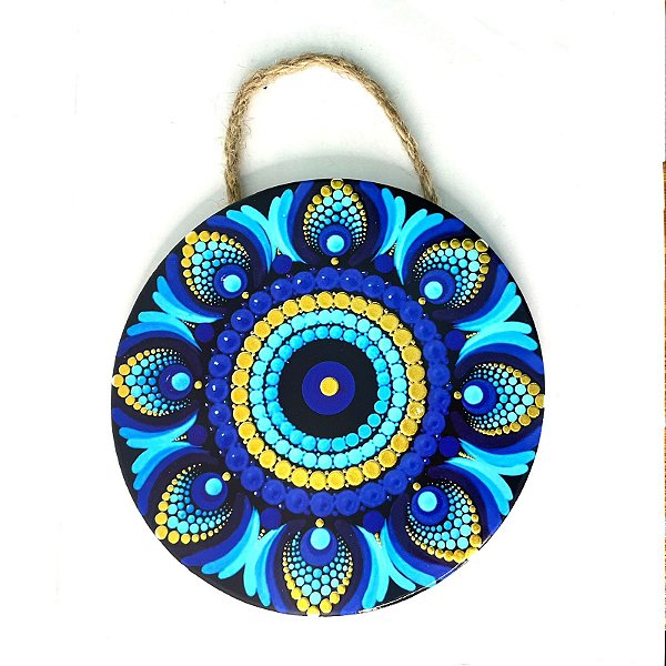 Enfeite de Parede em Porcelana - Mandala Amarela e Azul Claro