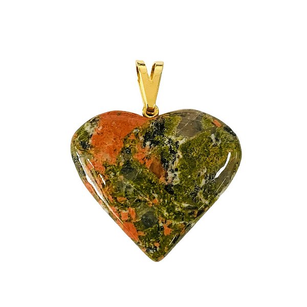 Pingente Unakita Pedra Coração Rolada - Pino Dourado
