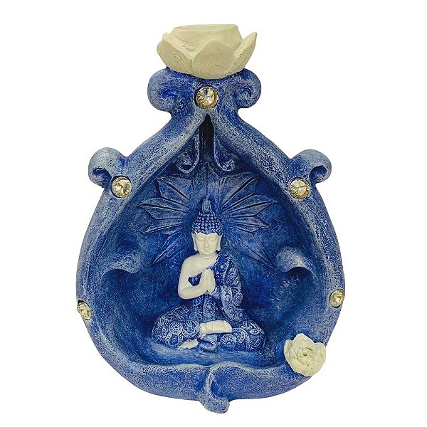 Incensário Cascata Buda Zen Azul/Branco 15cm