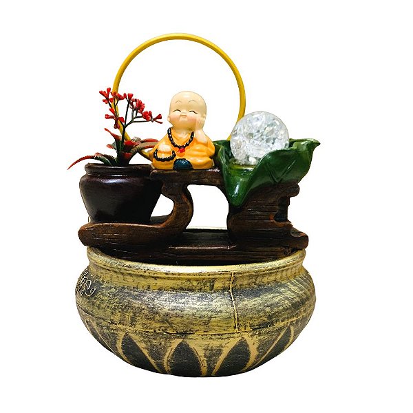 Fonte de Água em Resina - Folha Verde Monge Laranja Pensativo