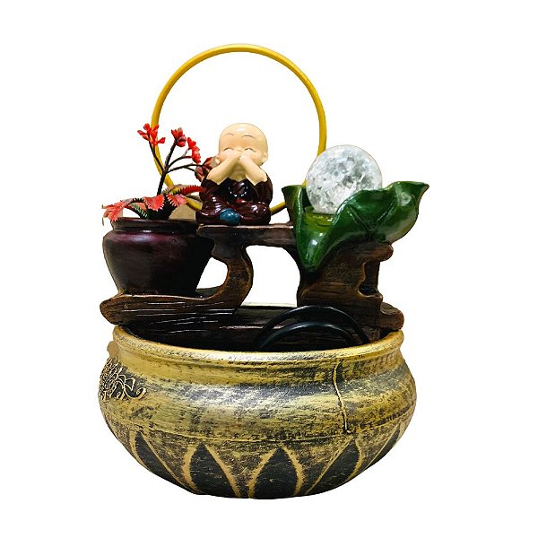 Fonte de Água em Resina - Folha Verde Monge Marrom Não Falo