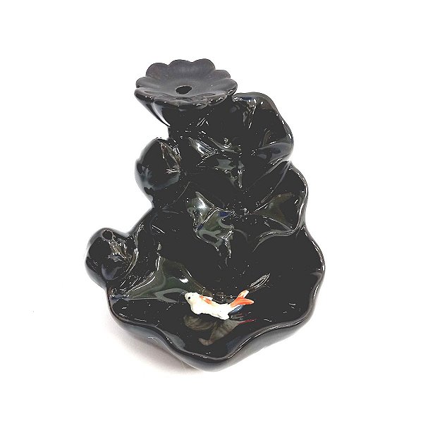 Incensário Cascata Porcelana Preto com Peixes Flor de Lótus Aberto