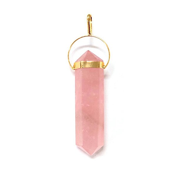 Pingente Quartzo Rosa Biterminado Dourado - Com Argola