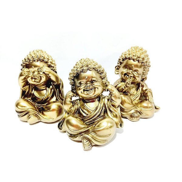 Estátua Trio de Budas Não Falo/Vejo/Escuto Dourado S/ Brilho 8cm
