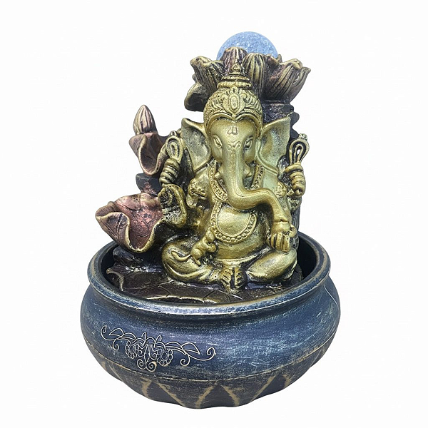 Fonte de Água em Resina Ganesha Dourado/Flor de Lótus Com Bola 3Q - P