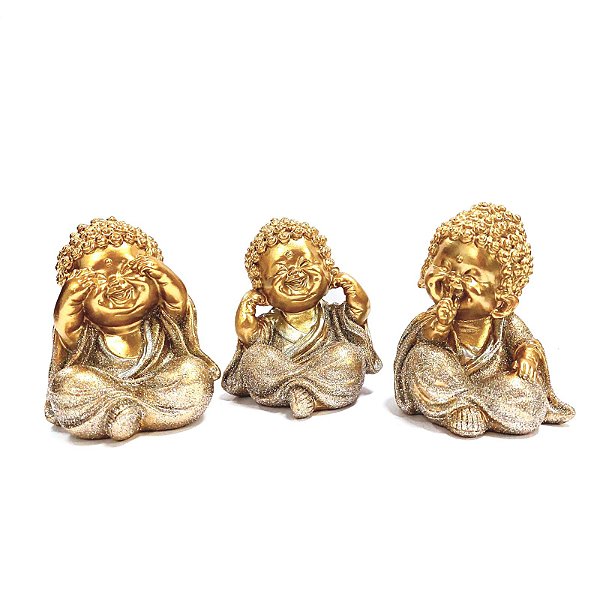 Estátua Trio de Budas Não Falo/Vejo/Escuto Dourado C/ Brilho 8cm