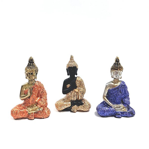 Estátua de Resina Trio de Budas Colorido 6cm