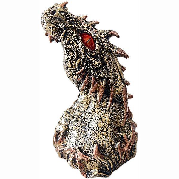 Incensário Cabeça de Dragão Vertical Dourado em Resina com 31cm