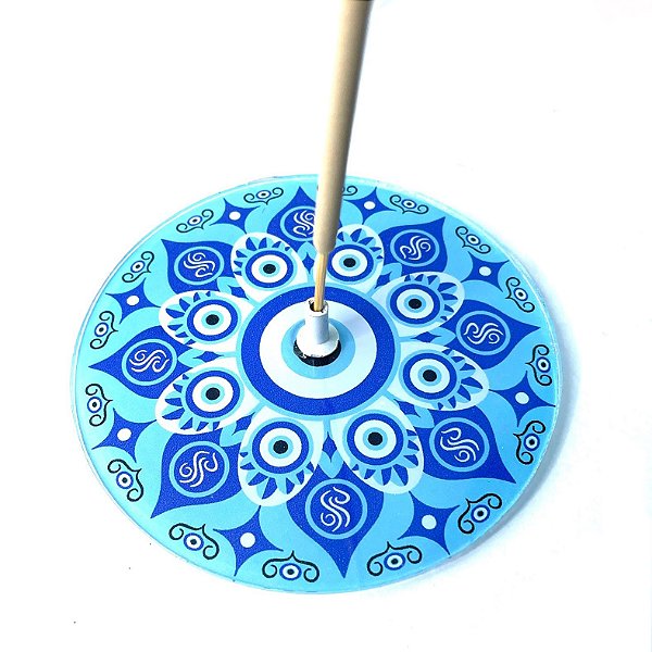Incensário de Vidro Redondo - Mandala Olho Grego Azul Claro