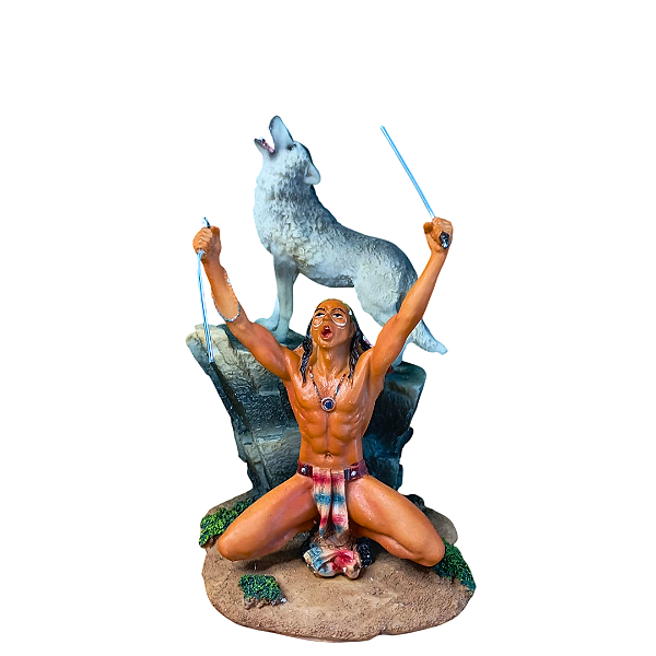 Estátua em Resina Indio Com Lobo Cinzento Uivando - 16cm
