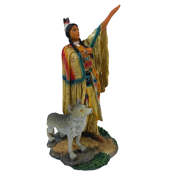 Estátua em Resina India Jovem Com Lobo Cinzento - 15,5cm