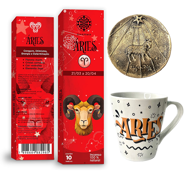 Kit Signo Aries - 1 Caneca, + 1 Incensário, + 1 Incenso