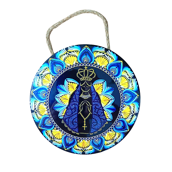 Enfeite de Parede em Porcelana - Mandala Nossa Senhora Azul e Amarelo